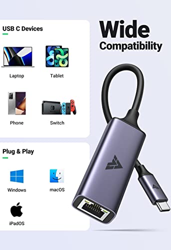 Image of Vaku Luxos USB C to RJ45 Gigabit Ethernet Network Adapter /RJ45 LAN Wired Adapter USB 3.1, Compatible for MacBook, Chromebook, and Other Type-C Enabled Device (Grey)