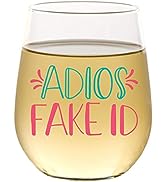 Adios Fake ID - Funny Cute Wine Glass, Stemless 15oz, Gift Box, 21st Birthday Gifts for Women, Fi...