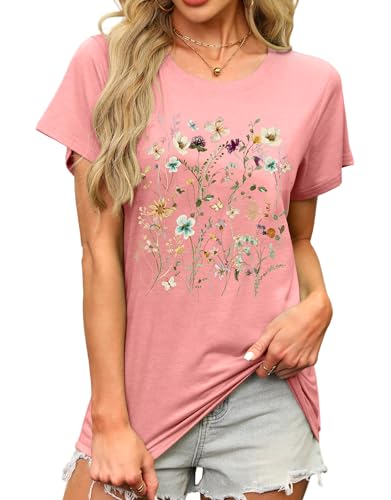 MAPICK Floral T-Shirts for Women Cotton Loose Fit Wildflowers Graphic Tees Vintage Short Sleeve Tops(Pink,Large)