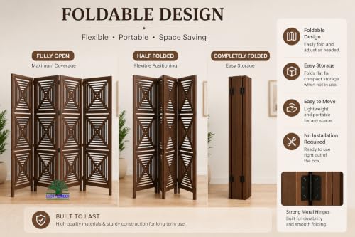 Image of Wooden Room Divider Partition for Living Room | Foldable 4 Panel Decorative Privacy Screen Separator for Home, Office & Bedroom | Modern (Chocolate Brown)