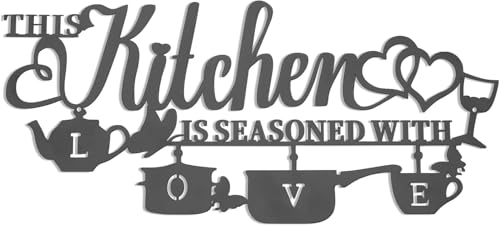 BLIND SHOP Metal Kitchen Wall Decor This Kitchen is Seasoned with Love Black Word Sign Rustic Iron Wall Art for Farmhouse Dining Room (45x20x1.5 CM)