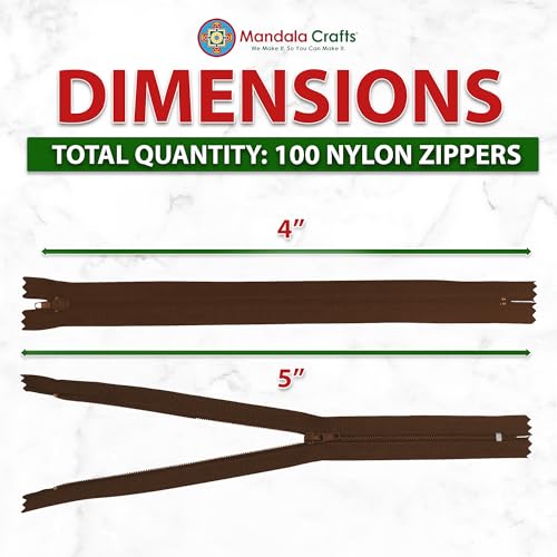 Image of Mandala Crafts 100 PCs Dark Brown Closed-End 4 in Nylon Zippers for Sewing
