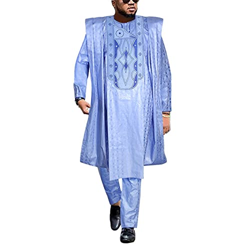 HD Traditional African Clothing for Men Nigerian Man's Agbada Embroidery Bazin Riche Boubou Dashiki Outfit Blue 2XL