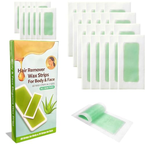 YIZHUO Wax Strips Kit - 60 Pcs Body & Facial Hair Removal Waxing Strips (40 Large & 20 Small) with Calming Oil Wipes, Gentle & Effective for Legs, Arms, Bikini, Eyebrows, Upper Lip