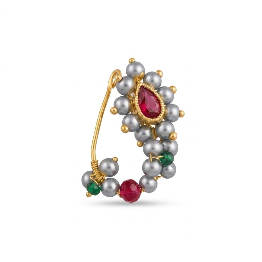 Traditional Maharashtrian Grey Pearl & Ruby Nath – Gold Plated Non-Pierced Press-On Nose Ring – Authentic Marathi Bridal Jewelry with Emerald Accents – Peshwai Style Ethnic Nose Stud for Women-image-49
