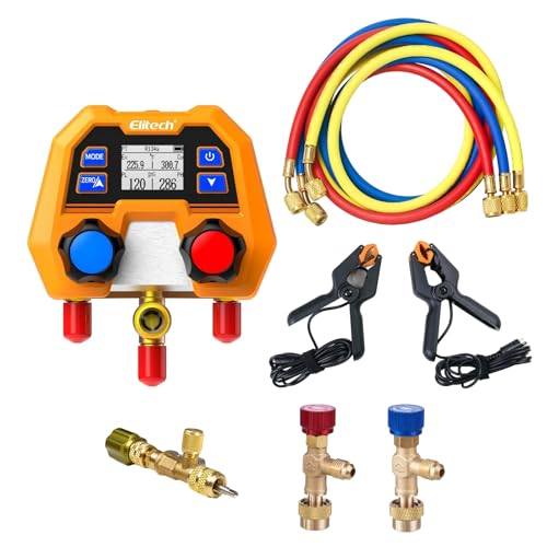 Elitech Digitales Manifold-Messgerät & Füllschlauch Komplett-Set (600psi, 88 Kältemittel, IP54) mit Temperaturfühler (-40~150°C), 2x Kältemittel-Sicherheitsventilen (R32/R410a/R134a/R22 u.a.) & Ventil