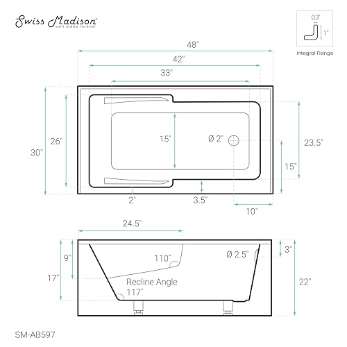 Voltaire 48" x 30" Right-Hand Drain Alcove Integrated Armrest Bathtub with Apron by Swiss Madison - Image 6