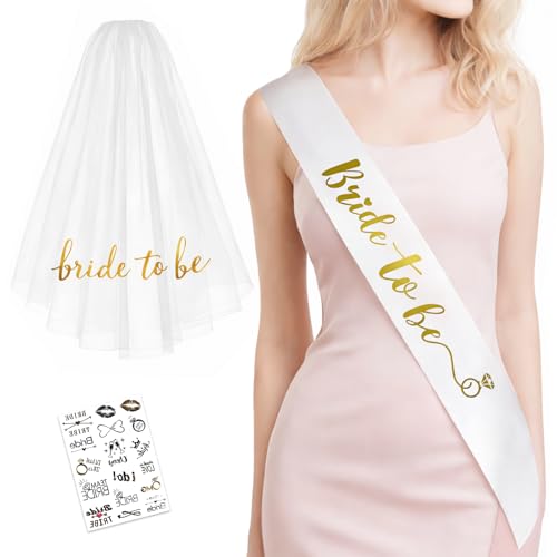 Allyix 3 Pcs Bridal Veil Set, Bride to Be Accessories for Bachelorette Party & Bridal Shower with Sash and Tattoo Stickers