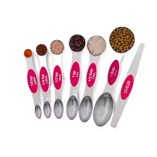 Set of 7 Stainless Steel Magnetic Measuring Spoons Set with Leveler - Stackable Tablespoon Measure Spoon for Baking and Cooking, Kitchen Gadgets for Apartment Essentials (Pink)