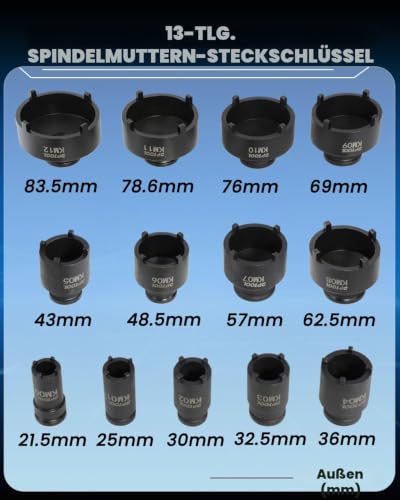 DPTOOL 13-teiliges Spindelmuttern-Steckschlüssel-Set, Kugelgelenke, Achsen-Kontermuttern zum Entfernen und Installieren, Naben-Feststell-Steckschlüssel für KM-Nutmuttern, 4 Zähne außen mit 1/2 Zoll