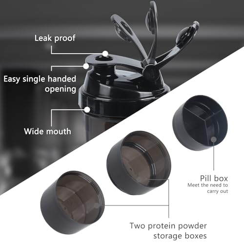 Image of Shaker Bottle,Protein Shaker Bottle, 16 oz GYM Shaker Cup with shaker Ball,Shaker Cups for Protein Shakes, Drink Mixer Bottle with Storage,BAP Free,Leakproof，Black