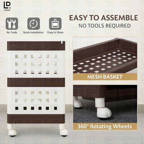 Image of LEOPAX 3 Layers Plastic Rolling Storage Rack | Multipurpose Stackable Storage Rack with Wheels for Kitchen Laundry Room Bathroom Office Home - Brown (50 x 30 x 54cm)
