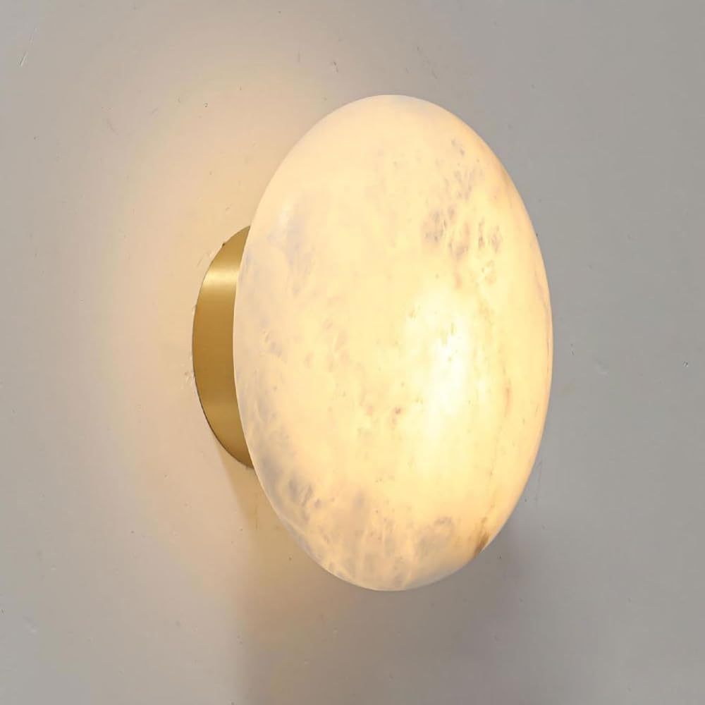 KXKLGWHN Nordic Minimalist Style Alabaster Copper Wall Light, 7.8in Round Wall Lamp, Hard Wiring Connection Marble Wall Sconce, Living Room Entrance Bedroom Decorative Lighting Fixtures