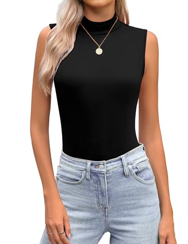 DUOEASE Damen Sommer Tank Top Ärmellos Rollkragen Slim Fit Einfarbiges Basic Stretch Oberteil Schwarz M