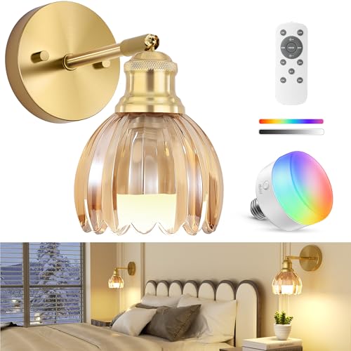 Image of VOLISUN Vintage Battery Operated Wall Sconce,with Amber Tulip Glass Lampshade, Wireless Wall Sconce, Rechargeable Battery Powered Wall Light, Sconce Wall Decor for Bedroom Living Room