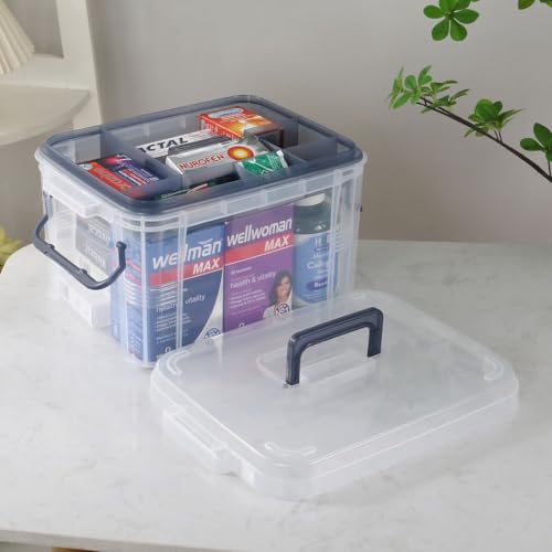 Image of HEY FOLY 15qt Medicine Organizer Storage Box with Tray, Set of 2 Plastic First Aid Box Empty, Thickened Medicine Container Chest, Multipurpose Medical Case with Labels, Blue Medicine Caddy