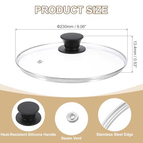 uxcell 1Pcs Universal Lid for Pot Fit 8.5 Inch Cookware, Replacement Glass Pan Lids with Heat Resistant Silicone Handle, Steam Vent Pan Lid for Pots, Frying Pans, Skillets