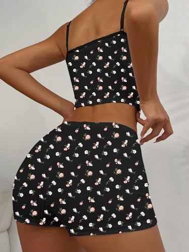 Image of Hilinker Womens Graphic 2 Piece Pajama Set Summer Cute Crop Cami and Shorts Ribbed Lounge Sets