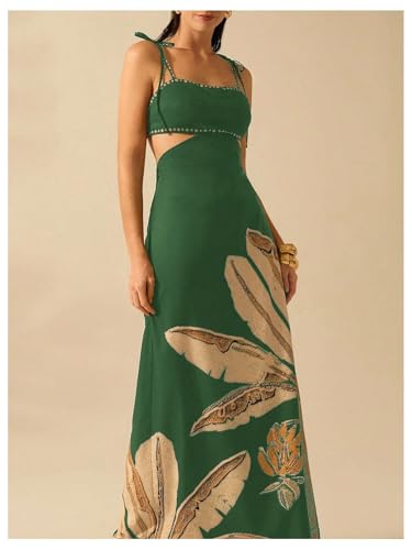 Image of SOLY HUX Women's Summer Maxi Dress Boho Print Tie Shoulder Spaghetti Strap Cut Out Tie Back Cami Dresses Sundress