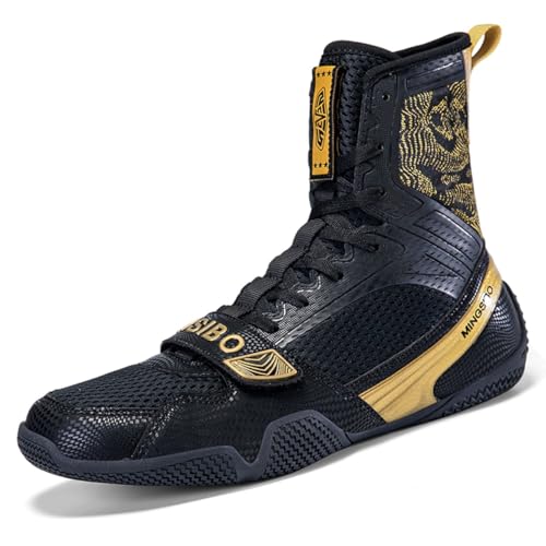 MINGSIBO Scarpe da boxe unisex, da competizione, traspiranti, da combattimento e da combattimento, oro nero., 40 EU