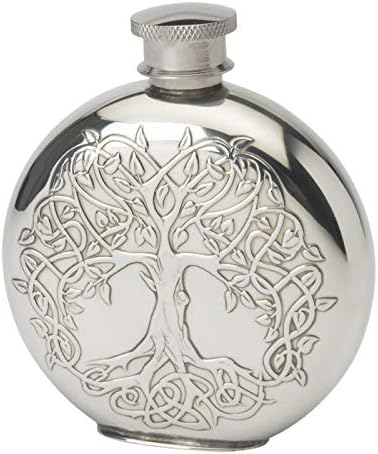 Stylish 4oz Round Tree of Life Polished Pewter Handcast Bottle Pocket Hip Flask