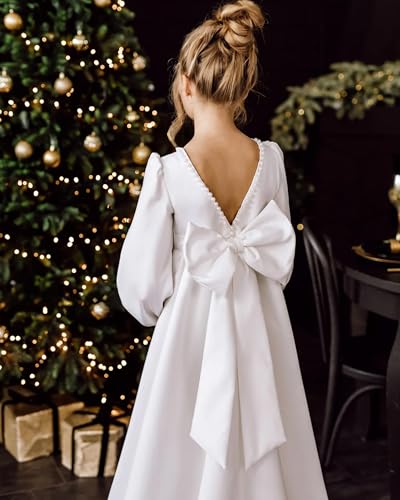 Fall Long Sleeve Flower Girl Dress with Bow Knot Crewneck Pearls Satin First Communion Dress4