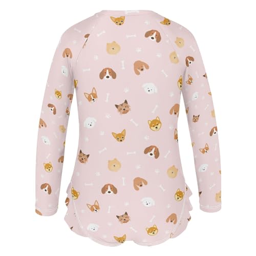 Girls Swimsuit Cute Dog Paw Bone Pink Long Sleeve One Piece Bathing Suit for Kids UPF 50+ Rash Guard Swimwear 3-123