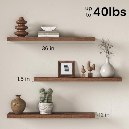 Image of Fun Memories Floating Shelves for Wall, 3 Pack 36 Inch Long Floating Shelves, 36 x 12 Wooden Shelves for Wall, Large Storage Shelves, Hanging Shelves for Bathroom Bedroom Kitchen, Brown