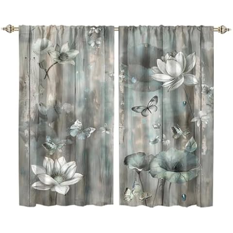 INSFBRB Watercolor Butterfly Lotus Blackout Curtain Abstract Retro Tropical Vintage Wooden Barn Flower Lotus Rod Pocket Window Thermal Insulating Drapes 63" L x 36" W x 2 Panels Blackout Cover