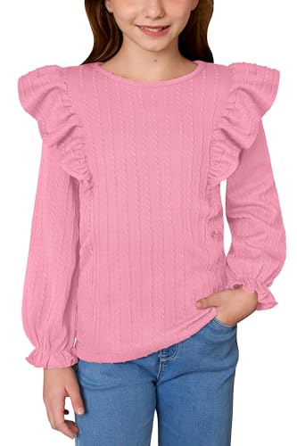 Girls Long Sleeve Ribbed Shirt Fall Flutter Sleeve Tops Trendy Casual Knit Blouses 6-14 Years