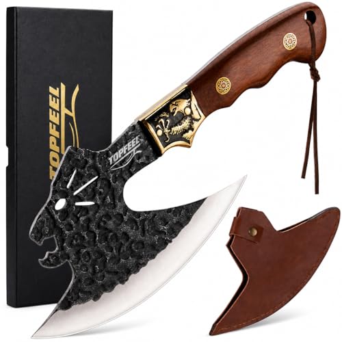 Topfeel Leopard-Head Viking Knife Hand-Forged Meat Cleaver with Sheath