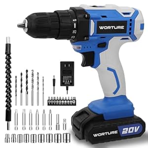 20V Cordless Drill Driver Kit, 3/8-Inch Keyless Chuck, Variable Speed, 25+1 Clutch Power Drill Set with Battery and Charger, Drill Bits, Sockets