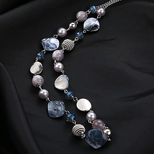 FULU AUTUMN Long Beaded Necklaces for Women Silver Link Chain Necklace with Shell Crystal Beads, Party Gifts for Her3