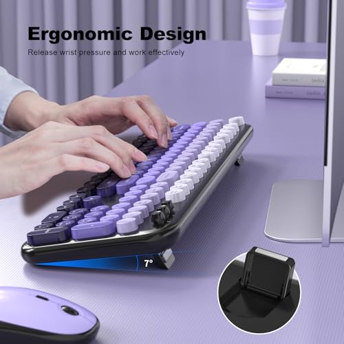 Image of Wireless Keyboard Mouse Combo - Lovely Blackpurple-Gradient Rainbow Full-Sized Typewriter Colorful Keyboards, Round Keycap Plug Play Retro Cute Keyboards for Windows, Laptop, PC, Desktop, Computer
