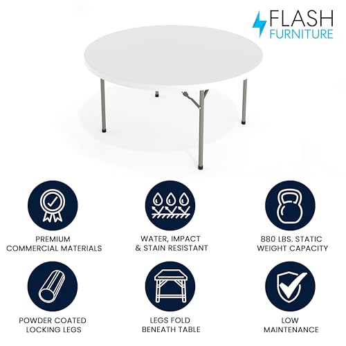 Flash Furniture 5' Round All-Occasion Plastic Folding Event Table for Parties and Trade Shows, Folding Banquet Table for Indoor/Outdoor Events, White - Thumbnail 3