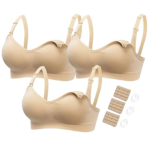 Image of HOFISH Maternity Nursing Bras for Breastfeeding, 3 Pack Pregnancy Deep V Neck Wireless Bra with Extenders & Clips