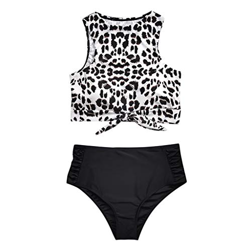 Balakie Women\'s Retro Leopard Two Pieces Swimsuit Knot Front Bikini Crop Tops High Waist Bottom Bathing Suit Beachwear(White,L)