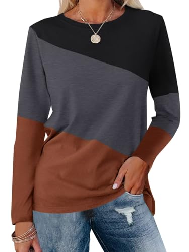 ORANDESIGNE Women's Long Sleeve Color Block Tunics Tops Casual Crew Neck Fall Shirts Blouses