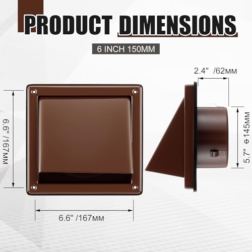 Image of Gisafai 6 Inch Dryer Vent Cover Outdoor with Stainless Steel Screen Brown Wall Dryer Exhaust Vent Cover External Cap Cushioned Non Return Flap with Sealing Gasket Grille, Bird /Insect Proof