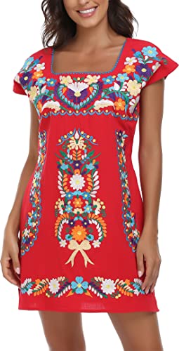 Image of YZXDORWJ Women Mexican Embroidered Dress Ruffle Collar Sleeveless