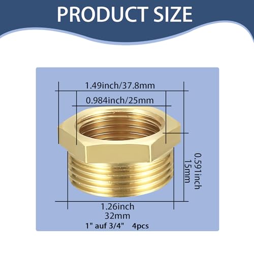 jwtyu 4 Stück Reduzierung 1 Zoll auf 3/4 Zoll Messing Reduzierstück 1 auf 3/4 AG/IG Reduzierung Mit Sechskant für Wasserleitungen und Wasserpumpen