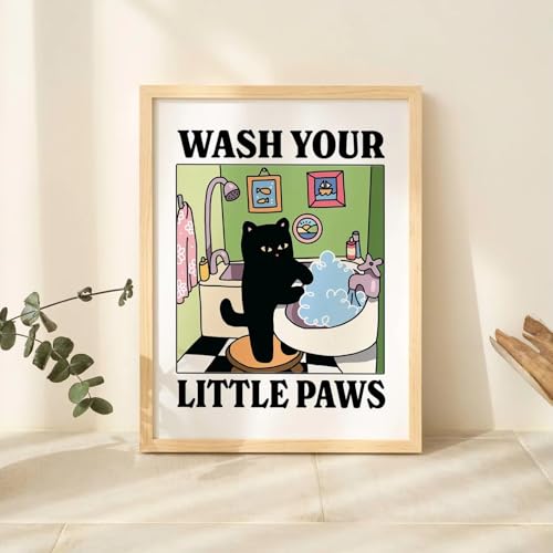 Affiche de salle de bain chat vert Lavez-vous les pattes grand format 90x120 cm