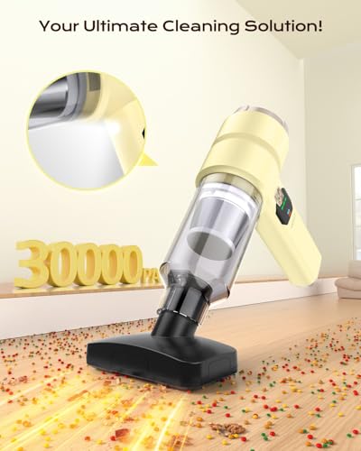 Image of Portable Cordless Car Vacuum,4-in-1Handheld Cordless Vacuum with 30000Pa Suction,130000RPM,6800mAh Battery,10Nozzles,Rubber Paint Material for Car,Home,Birthday Gifts for Men Dad Husband(cream yellow)