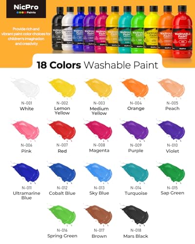 Nicpro 18 Farben Abwaschbares Temperafarbe für Kinder, 250 ml Fingerfarben Kinder Ungiftig, Fingermalfarbe für Kunst, Handwerk diy, Poster, Schule, Weihnachten, Party, Klassenzimmer