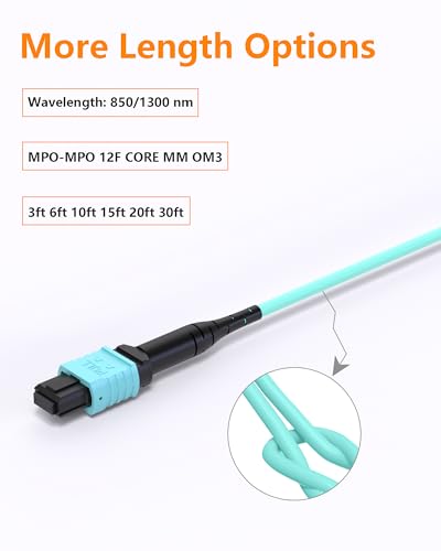 Image of MPO to MPO Fiber Cable, 18M /60ft OM3 Multimode M P O Cable 12 Core Strand Compatible with 8 Core for QSFP+Transceivers MTP Compatible Application