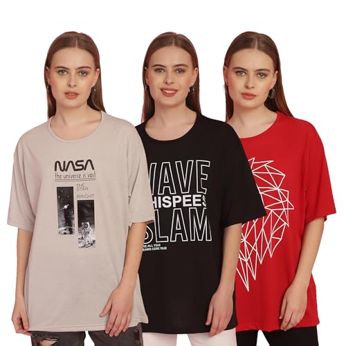Image of Mack Jonney Printed Round Neck Cotton Regular Fit Oversize Half Sleeves Tshirt for Women(Pack of 3)-MACK631093