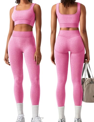 Image of OLCHEE Womens Workout Sets 2 Piece Seamless Square Neck Sports Bra Padded Butt Lifting Leggings High Waist Yoga Gym Outfits