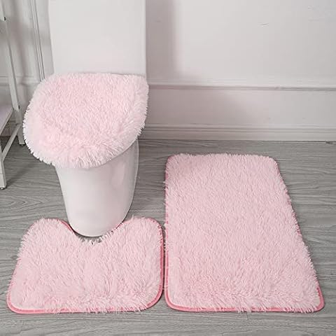 BXEBUI Microfiber Bathroom Rug Sets 3 Piece, Non Slip Contour Mat Toilet Lid Cover and Bath Rug Mats Shower Mats for Bathroom Tub Toilet (Pink) Cover