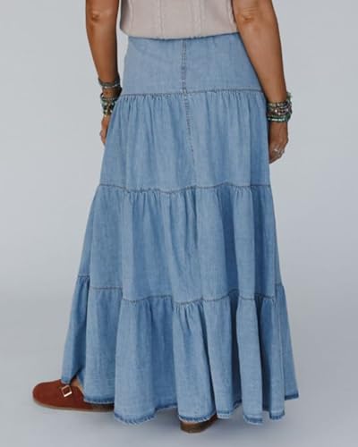 SCOFEEL Women's High Waist Denim Long Skirt Button Down Pleated A-Line Flowy Loose Ruffle Tiered Maxi Skirts2