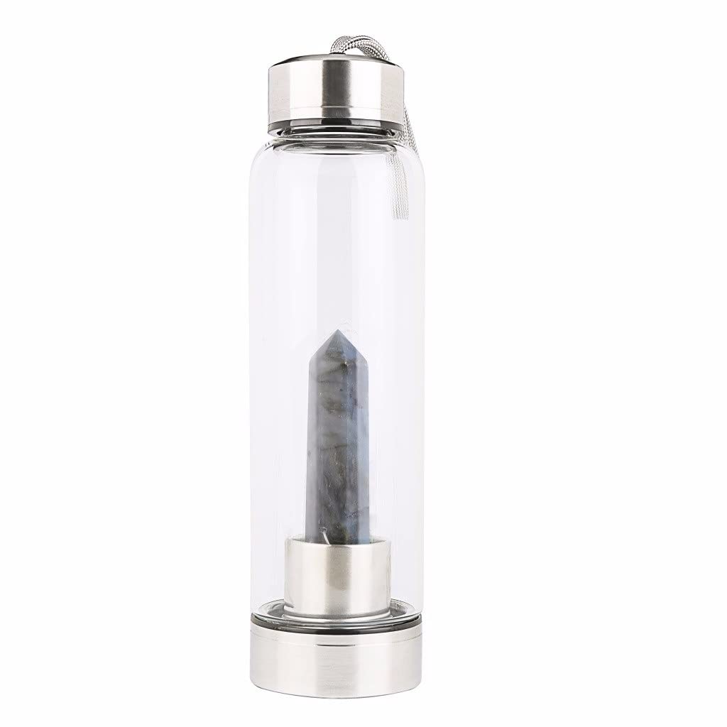 PAHION Botella De Agua De Cristal Natural Quartz Crystal Point Reiki Healing Gema De Varita De Obelisk Botella De Agua De Piedras Preciosas Infundidas Con Energía De Elixir 550 Ml